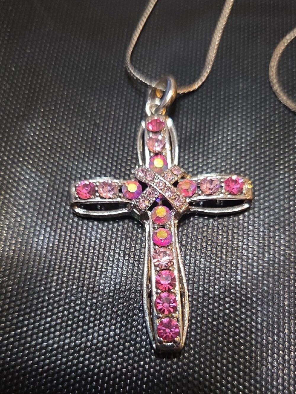 Silver Tone Cross Pendant Necklace with Pink Crystal Accents